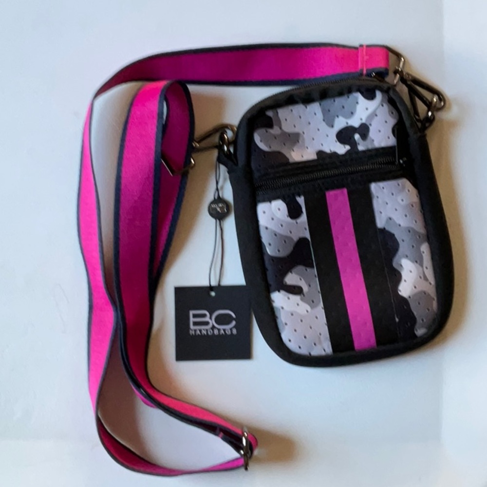 NWT BC handbags neoprene bag pink, black and grey camouflage